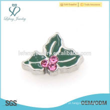 2015 Folhas verdes com encantos de cristal rosa para Living Memory Glass Floating Lockets